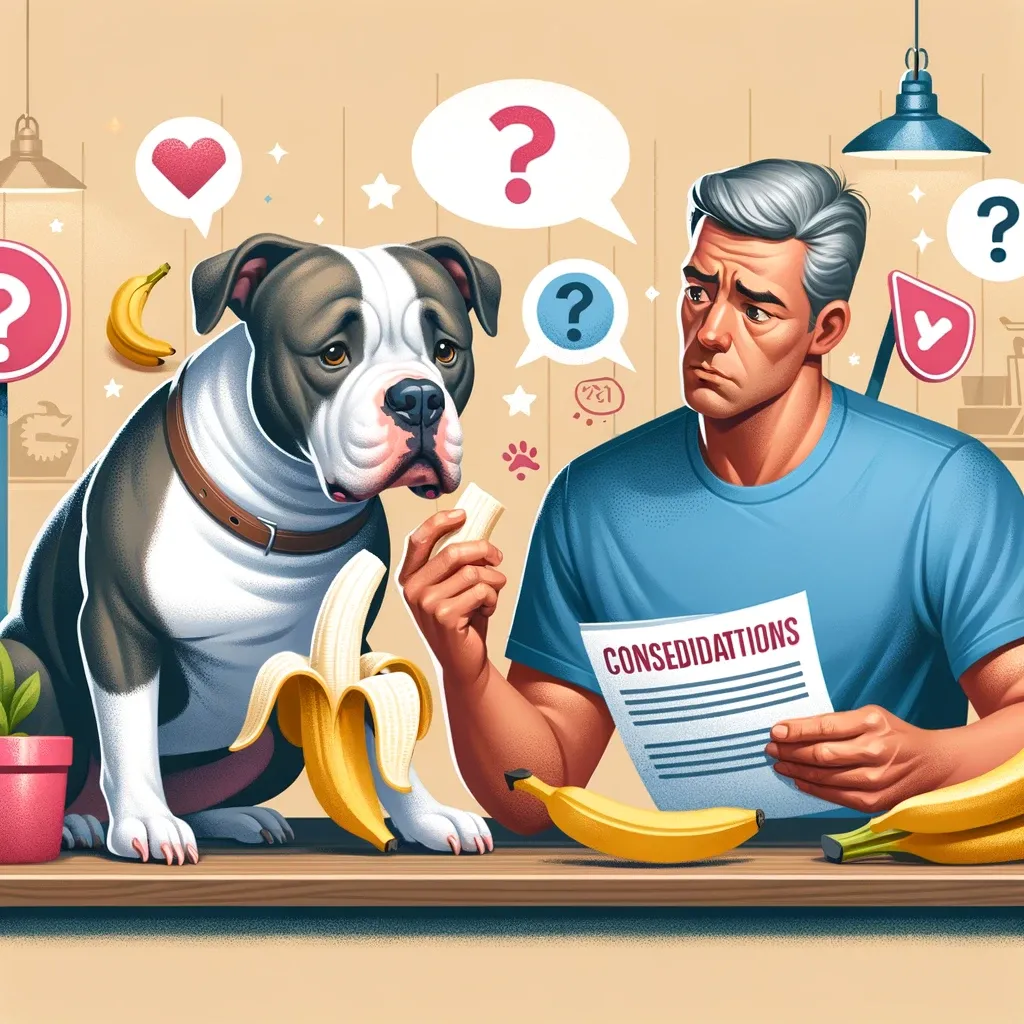 American Bully dog and owner considering risks of feeding bananas