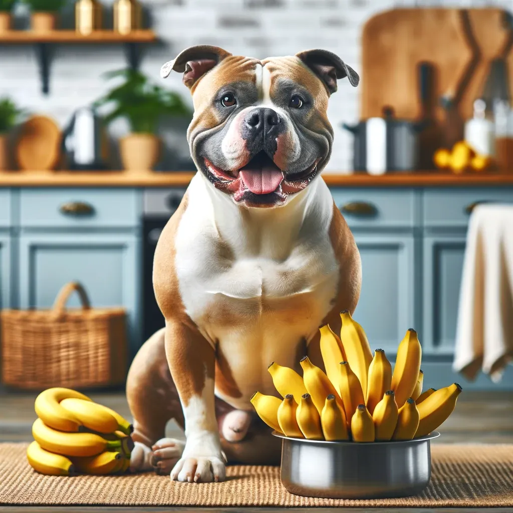 American Bully Dog with Bowl of Bananas - Healthy Pet Treats
