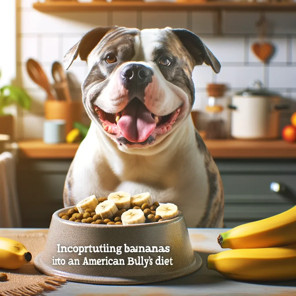 American Bully with Bananas in Diet - Healthy Feeding Concept
